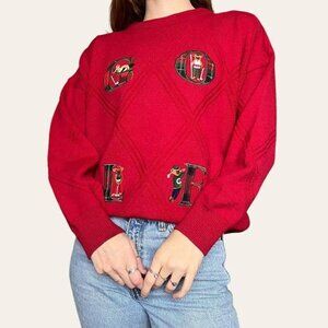70s/80s vintage wool embroidered teddy bear golf sweater red knit Large